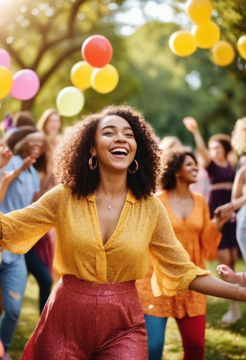 A diverse group of joyful individuals of different body shapes and sizes dancing together in a vibrant park setting, surrounded by colorful confetti and balloons. Each person is wearing stylish, fun outfits that celebrate their uniqueness, with big smiles and laughter on their faces. Sunlight filters through the trees, creating a warm and inviting atmosphere. Focus on positivity, self-love, and celebration of body diversity. bright colors. playful illustration.