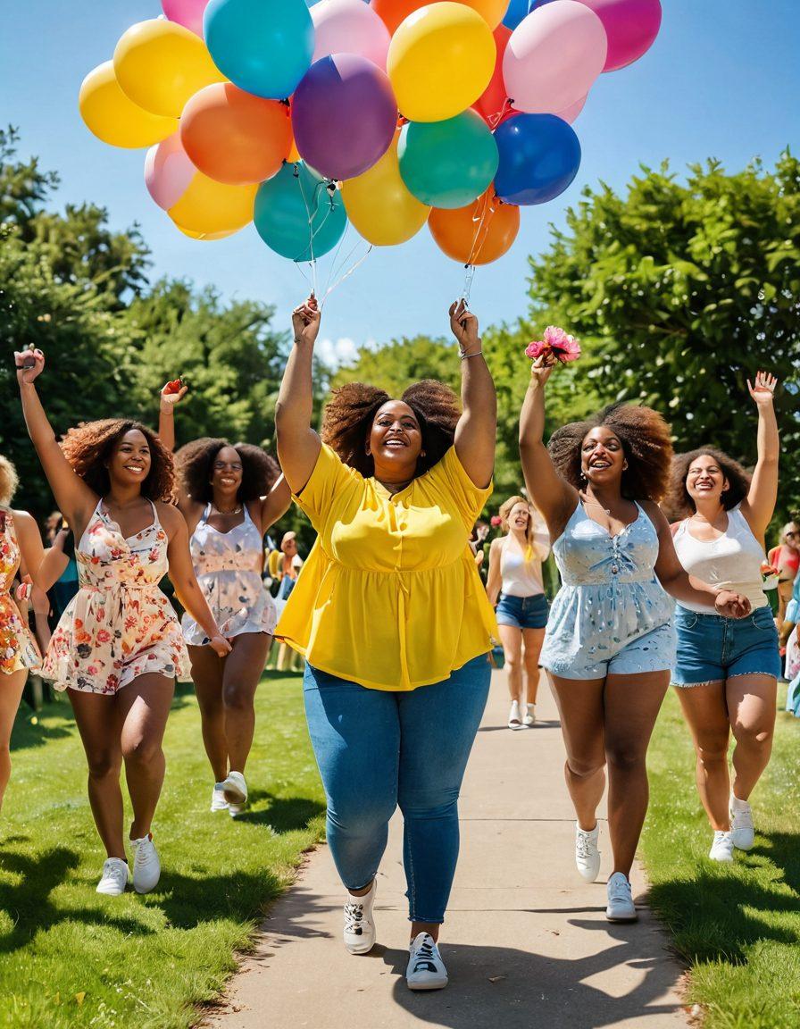 A vibrant and uplifting scene featuring a diverse group of confident individuals celebrating body positivity in a colorful outdoor setting. Include a larger-than-life figure joyfully dancing, surrounded by flowers and bright balloons, embodying joy and confidence. Bright sunlight enhances the atmosphere, with an inviting smile on everyone’s faces, highlighting the beauty of all body types. The background should be a warm, sunny park with colorful festivities. super-realistic. vibrant colors.