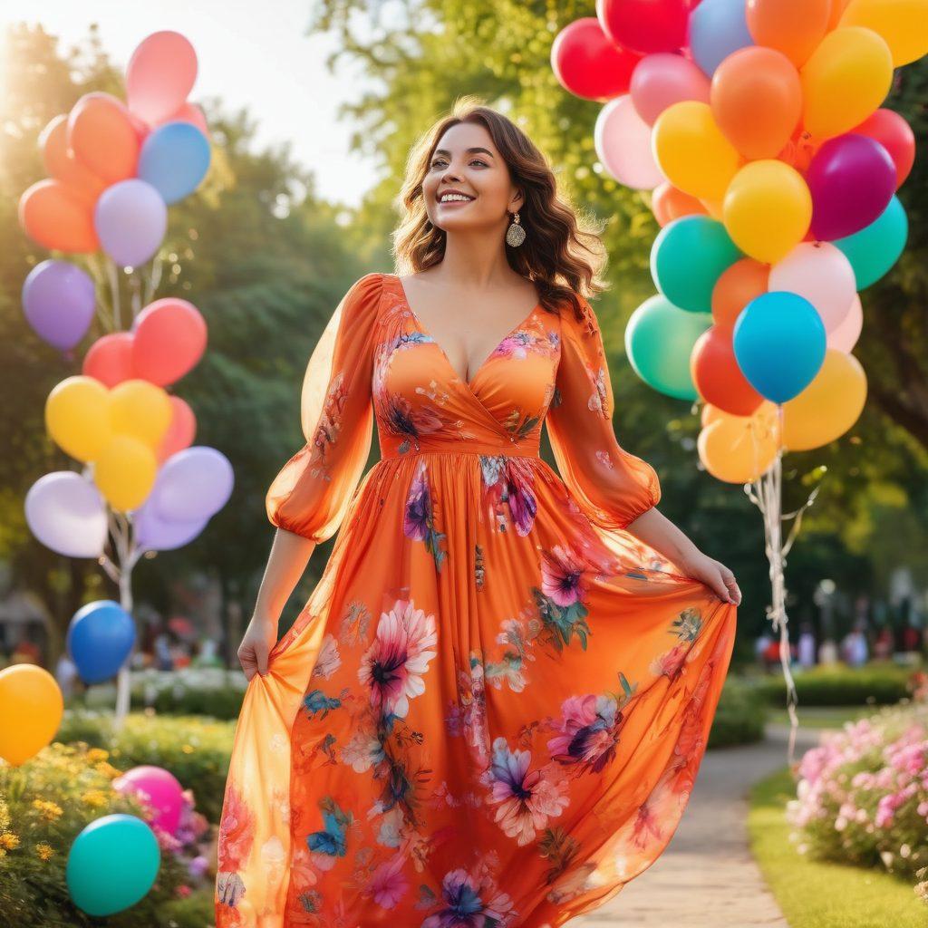 A confident woman with curvy figure stands tall, wearing a bright, flowing dress that accentuates her shape, surrounded by colorful balloons and flowers, radiating joy and self-love. The background features a sunny park with people celebrating and embracing body positivity. The scene should evoke feelings of celebration and empowerment. vibrant colors. super-realistic.